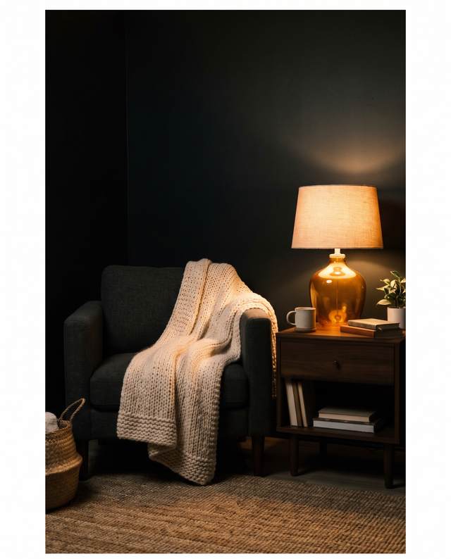 A charcoal armchair with a cream throw beside a glowing table lamp