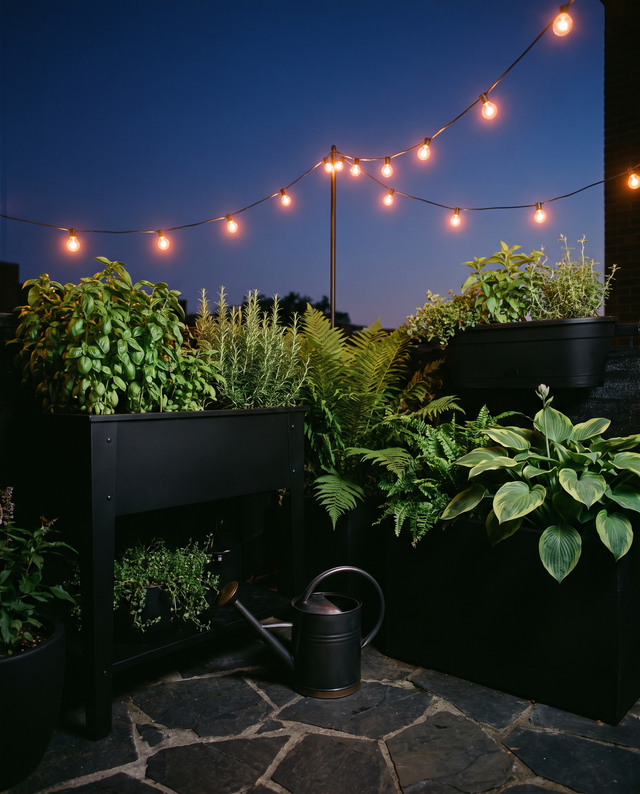 An evening patio with black planters and warm string lights overhead