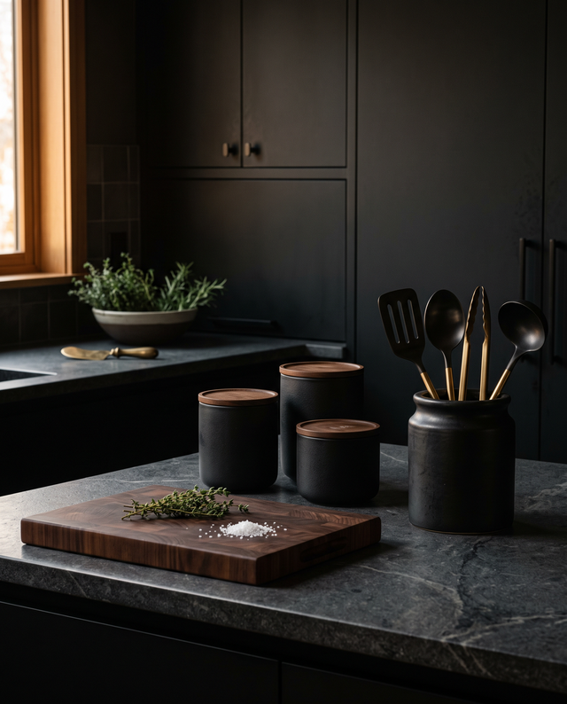 A dark modern kitchen counter with black canisters and a walnut chopping board