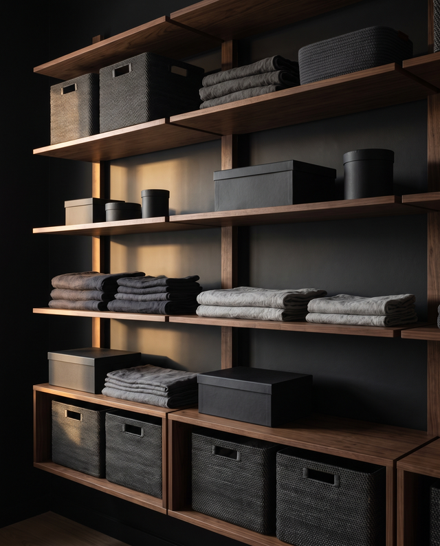 Dark walnut shelving with charcoal storage baskets and folded linen